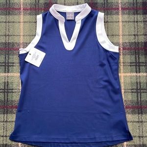 Mandarin Collar Sleeveless shirt. Navy Ink and Chalk White golf, resort